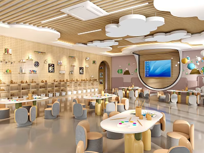 Vibrant Kindergarten Classroom Interior With Cloud Ceiling Decor And Colorful Activity Tables 3d model