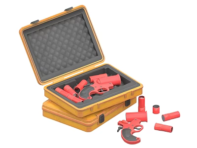 Red Weapon Components in Open Yellow Case with Foam Interior and Scattered Parts 3d model