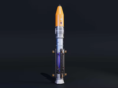 Commercial Rocket Equipment With Orange Top Silver Body And Blue Structural Components 3d model