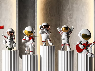 Astronaut Themed Decorative Ornament Set With Various Poses On Pillars Including Guitar And Flag 3d model