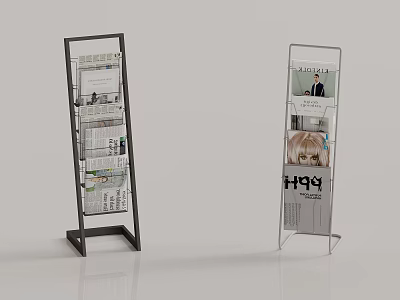 Modern Floor Standing Display Racks with Black and Silver Frames and Promotional Posters 3d model