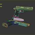 Two Modern Tactical Pistols With Wooden Grips Metal Frames Red Accents And Magazine Attachments