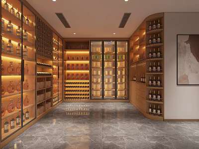Luxury Modern Wine Cellar With Wooden Racks Glass Doors And Marble Flooring 3d model