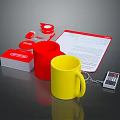 Essential Daily Supplies Including Red Yellow Mugs Red Folders Tape Documents And Remote Control