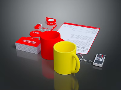 Essential Daily Supplies Including Red Yellow Mugs Red Folders Tape Documents And Remote Control 3d model
