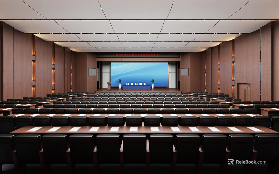 Spacious Conference Room With Rows Of Seats Large Screen And Modern Lighting 3d model 