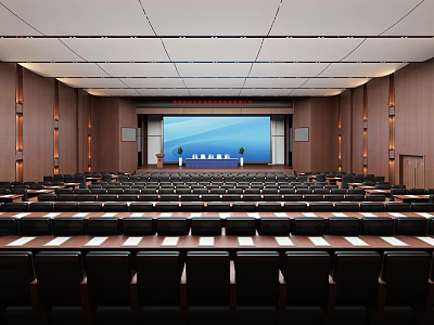 Spacious Conference Room With Rows Of Seats Large Screen And Modern Lighting 3d model