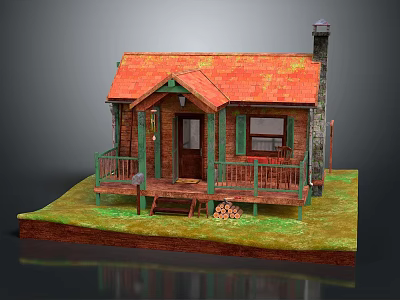 Small Wooden Cabin Model with Red Roof Green Railings Porch Chimney Grass Lawn and Woodpile 3d model