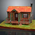 Small Wooden Cabin Model with Red Roof Green Railings Porch Chimney Grass Lawn and Woodpile