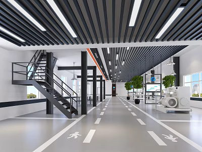 Modern Industrial Hall Interior With Black Stairs Columns Green Plants And White Floor Markings 3d model