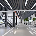 Modern Industrial Hall Interior With Black Stairs Columns Green Plants And White Floor Markings