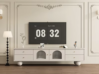 Elegant White TV Stand With Drawers Arched Cabinets Vase Photo Frame And Floor Lamp 3d model