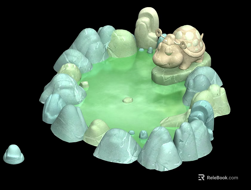 Mystical Turtle Pond Surrounded By Green Rocks And Small Stones 3d model 