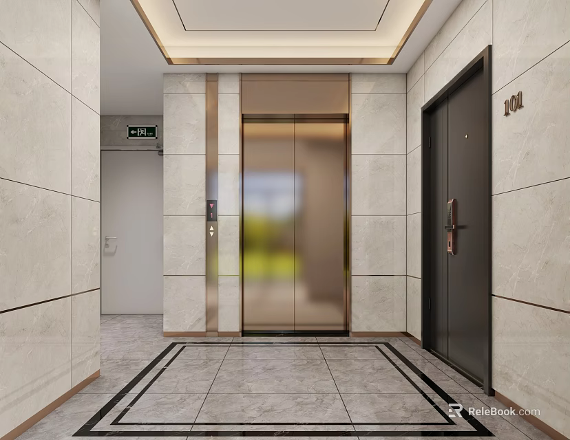 Modern Elevator Lobby Interior With Glass Door Light Marble Walls Patterned Floor And Ceiling Design 3d model
