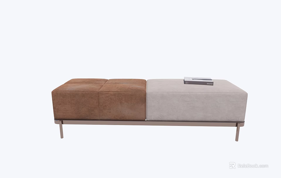 Dual Section Brown And Gray Upholstered Ottoman With Metal Legs And Book On Top 3d model 