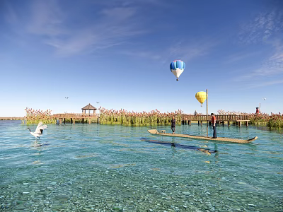 Scenic Park Landscape With Clear Water Swans Wooden Pier Hot Air Balloons Reeds And Pavilion 3d model