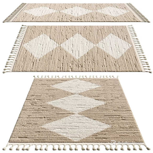 Square Rug With Beige And White Diamond Pattern Woven Design And Tassel Edges 3d model 