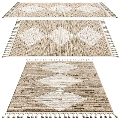 Square Rug With Beige And White Diamond Pattern Woven Design And Tassel Edges 3d model