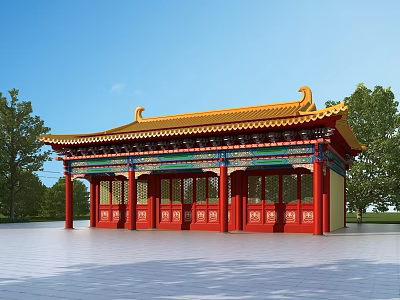 Traditional Chinese Ancient Architecture Featuring Yellow Roof Red Pillars Doors Carved Decorations And Surrounding Trees 3d model