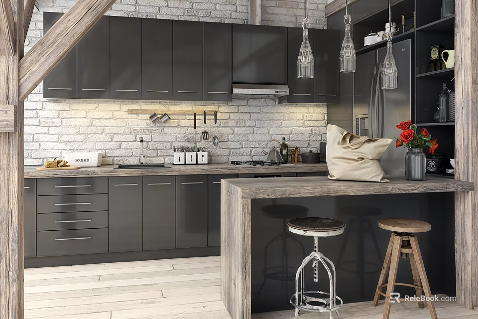 Modern Kitchen With Dark Gray Cabinets Brick Wall Island Counter Pendant Lights And Stools 3d model 
