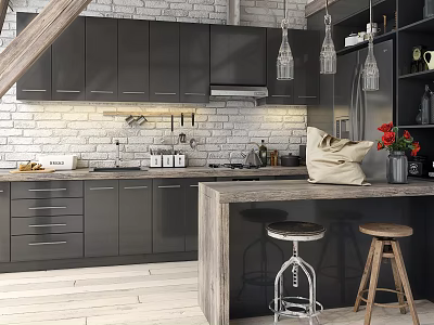 Modern Kitchen With Dark Gray Cabinets Brick Wall Island Counter Pendant Lights And Stools 3d model