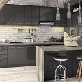 Modern Kitchen With Dark Gray Cabinets Brick Wall Island Counter Pendant Lights And Stools