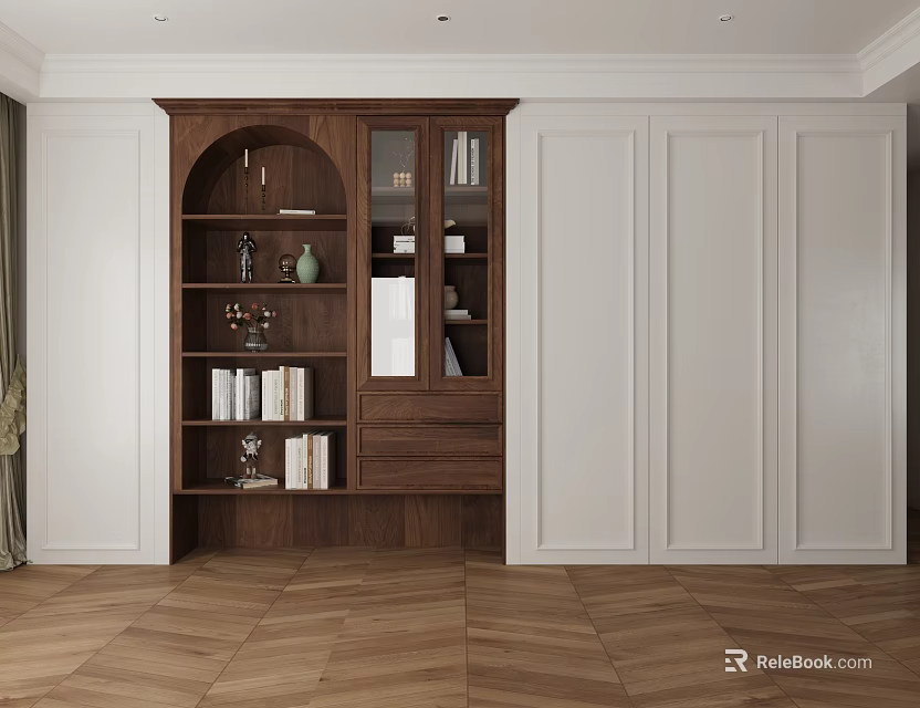 Elegant Wooden Bookcase With Glass Doors Books Decor And White Cabinets In Modern Room 3d model 