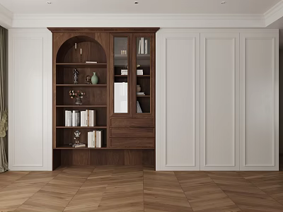 Elegant Wooden Bookcase With Glass Doors Books Decor And White Cabinets In Modern Room 3d model
