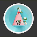 Pink Cake Slice With Fresh Strawberries Cream And Green Leaves On Blue Plate