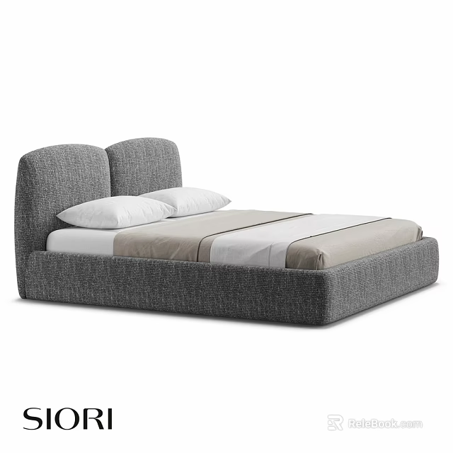 Gray Upholstered Double Bed With White Pillows And Beige White Sheets 3d model 