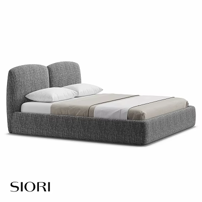 Gray Upholstered Double Bed With White Pillows And Beige White Sheets 3d model