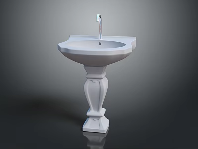 White Ceramic Pedestal Washbasin With Classic Design And Chrome Faucet 3d model