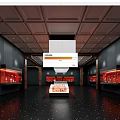 Elegant Exhibition Hall Interior Featuring Red Display Cases Central Stand And Wooden Ceiling