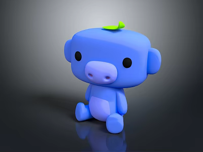 Blue Cartoon Monkey Toy with Green Leaf on Head Sitting on Black Surface with Reflection 3d model