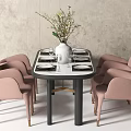 Modern Dining Table Set With Oval Tabletop Pink Chairs Gold Legs And White Vases
