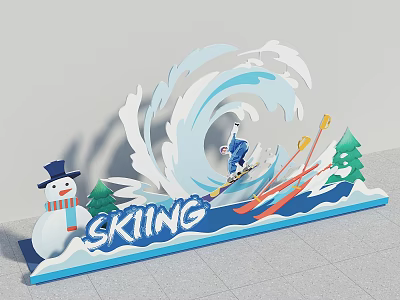 Skiing Themed Winter Decoration Scene With Skier Snow Wave Snowman And Trees 3d model