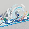 Skiing Themed Winter Decoration Scene With Skier Snow Wave Snowman And Trees