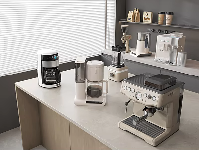 Stylish Modern Kitchen Interior With Countertop Coffee Machine Juicer Blender Appliances 3d model