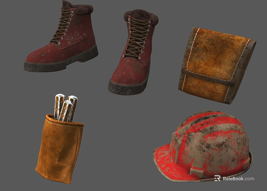 Work Gear Collection With Red Boots Tool Bag Pouch And Hard Hat 3d model 