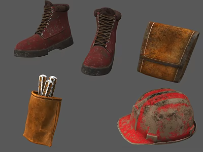 Work Gear Collection With Red Boots Tool Bag Pouch And Hard Hat 3d model