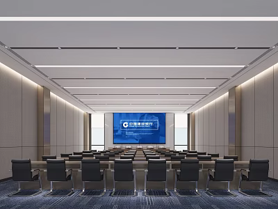 Modern Spacious Meeting Room Interior With Arranged Chairs Large Screen And Lighting Design 3d model