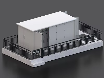 Industrial Equipment Room with White Roof and Walls on Platform with Black Railings 3d model