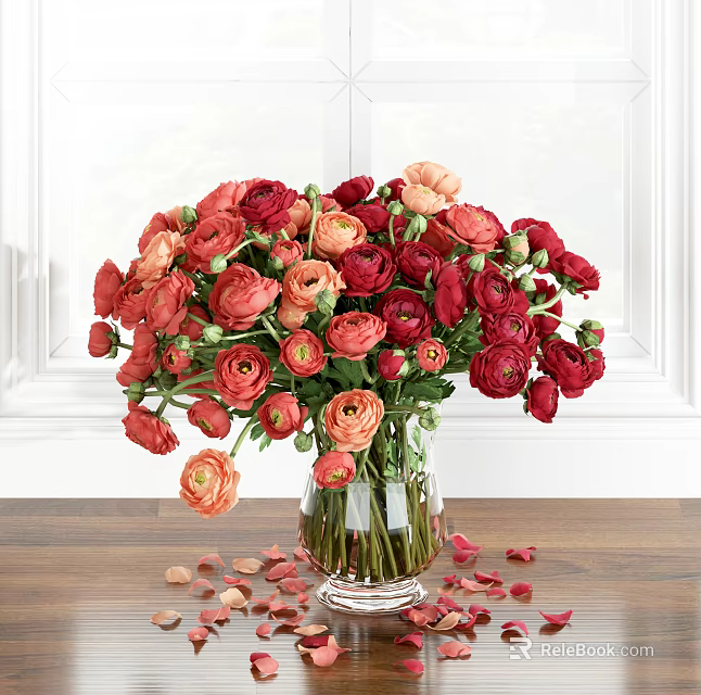 Transparent Glass Vase With Red And Orange Blooms On Wooden Table With Scattered Petals 3d model 