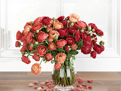 Transparent Glass Vase With Red And Orange Blooms On Wooden Table With Scattered Petals 3d model