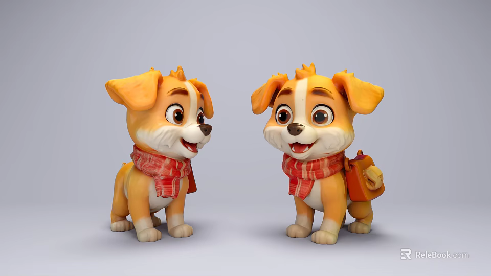 Two Yellow Reptile Stuffed Toys With Red Scarves And Small Bags On Gray Background 3d model 