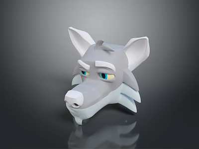 Low Poly 3D Wolf Head Character Model With Gray Fur And Blue Eyes 3d model