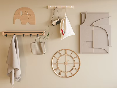 Modern Wall Decorations With Wooden Hooks Elephant Decor Clock Hanging Linen Bag And Geometric Board 3d model
