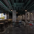 Modern Café Interior With Concrete Walls Wooden Tables Blue Chairs And Pendant Lights