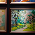 Natural Landscape Oil Painting With Tree Trunk Branches Green Leaves And Wooden Frame