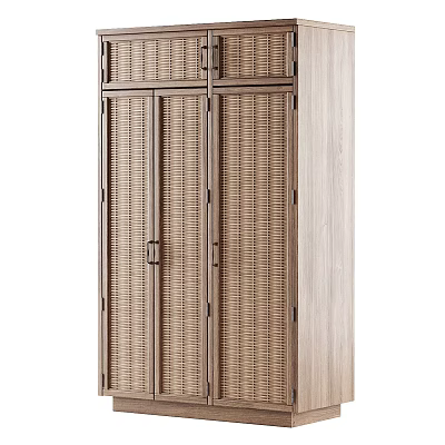 Elegant Modern Wardrobe Featuring Wooden Frame Rattan Panel Doors And Minimalist Design 3d model